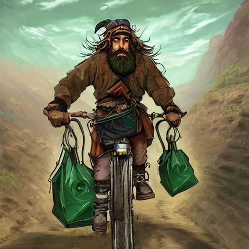 Image similar to a bearded and long haired bicycle food delivery worker with a green bag on his back in Europe, hearthstone art style, epic fantasy style art by kim jung gi, fantasy epic digital art