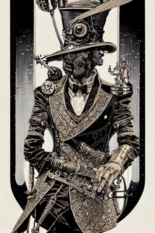 Image similar to side view of a majestic steampunk alchemist wise wizard holding a martini, high details, bold line art, by vincent di fate and joe fenton, inking, etching, screen print, masterpiece, trending on artstation, sharp, high contrast, hyper - detailed,, hd, 4 k, 8 k