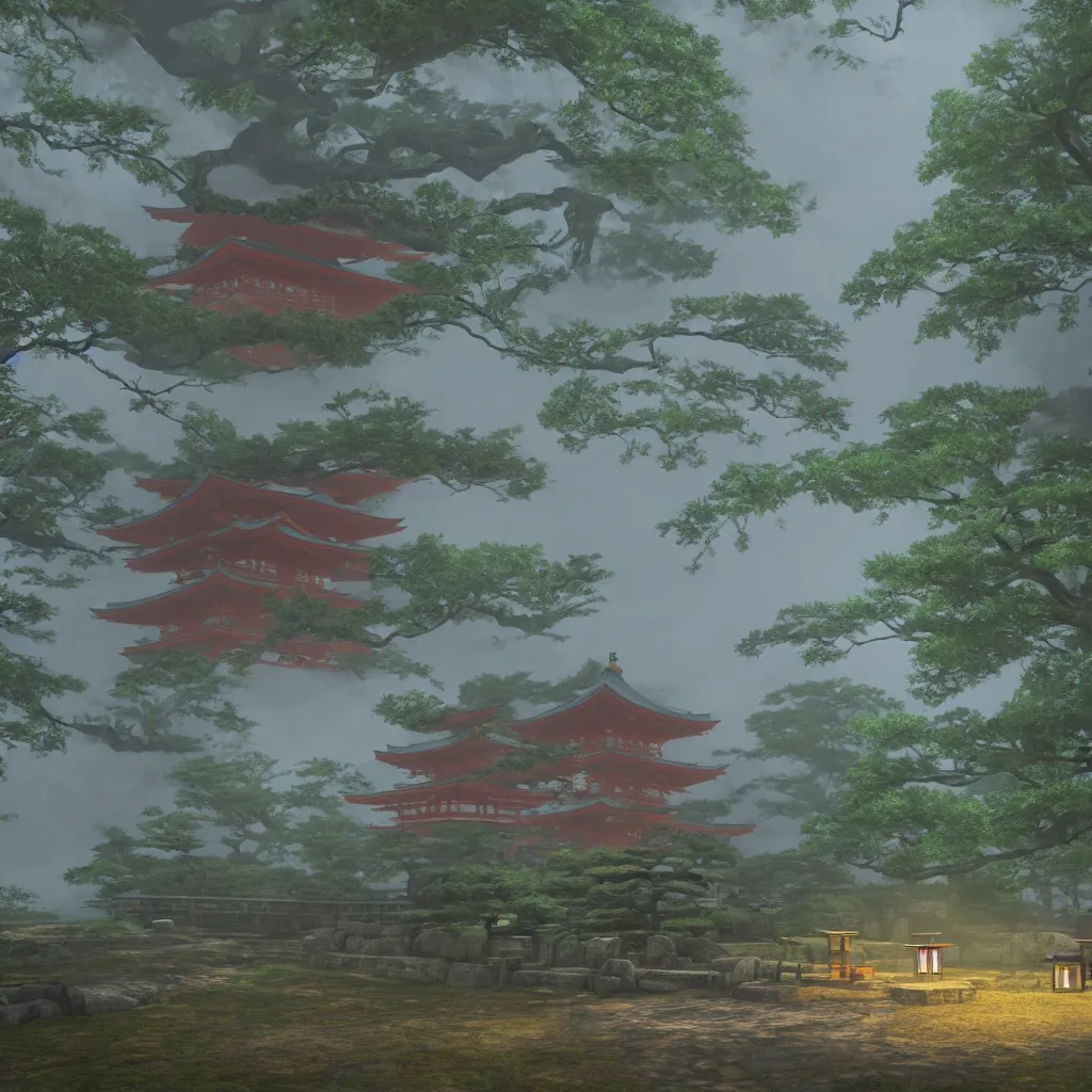 Image similar to Japanese shrine in misty morning, highly detailed, dreamlike!, 3D render, volumetric lighting, digital art, artstation, 8K photography, matte photo-realistic, vivid colors, perspective, by Hayao Ghibli Miyazaki!!!, breath of the wild style