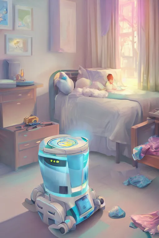 Prompt: Diaper Disposal Robot, Overflowing, digital art, fantasy, trending on artstation, professional illustration, cgsociety, ultra detailed, volumetric lighting, celshaded, colorful, girly bedroom