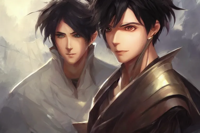 Image similar to handsome anime man with short black hair, d & d, fantasy, portrait, highly detailed, headshot, digital painting, trending on artstation, concept art, sharp focus, illustration, art by artgerm and greg rutkowski and magali villeneuve and wlop