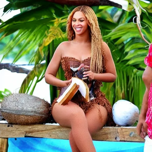 Prompt: beyonce in samoa drinking a coconut