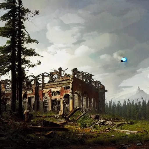 Image similar to a ivan shishkin and simon stalenhag photo of a ruined building the sky is cloudy. the moon is full. an enormous robot