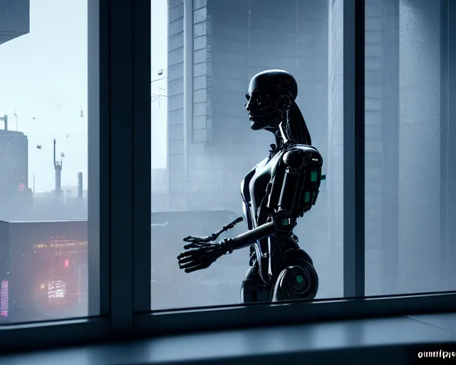 Prompt: terminator mechanical cyborg lady with borg enhancements and optical fibers and human face is drinking coffee near a window with dystopian city visible outside. very detailed 8 k. cyberpunk fantasy style. unreal engine render. global illumination. nanite. rtx. path tracing.