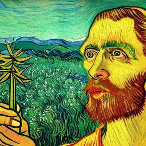 Prompt: jesus spreads his hands against the background of growing cannabis. an oil painting in the style of van gogh