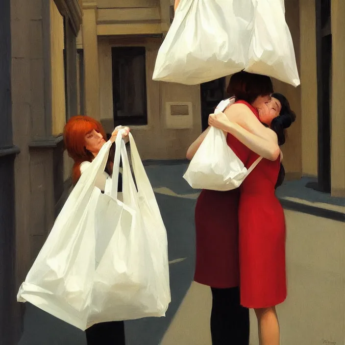 Prompt: two women hugging with a paper bag over the head dressed in plastic bags, highly detailed, artstation, art by, , edward hopper, zdislav beks