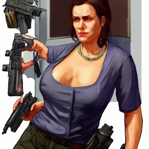 Prompt: a woman with a large chest in a GTA 5 loading screen, concept art by Anthony McBain, trending in artstation, artstationHD, artstationHQ