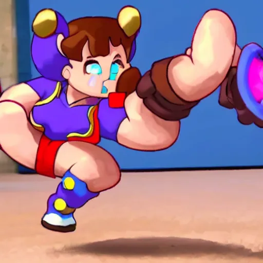 Image similar to chun li stomping a goomba with a pogo stick.