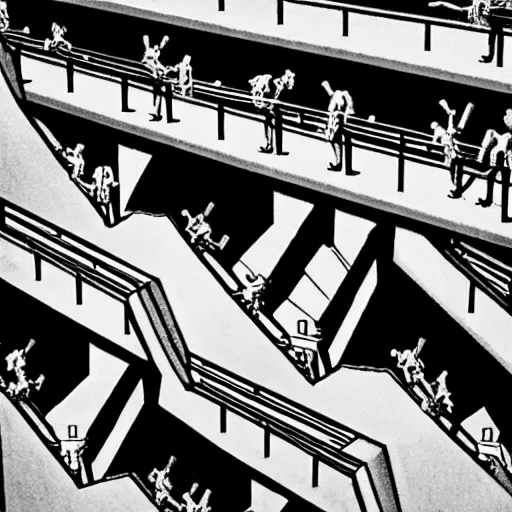 Prompt: robots marching on stairs by MC Escher