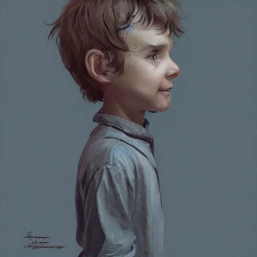 Image similar to A little boy who was alwayshappy-go-lucky, Graceful body structure,cute,Symmetrical face,highly detailed,elegant,Marc Simonetti and Caspar David Friedrich, Trending on artstation