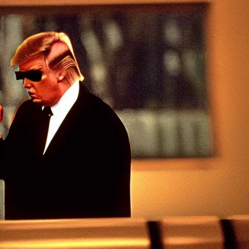 Image similar to donald trump in the matrix ( 1 9 9 9 ), film still from the matrix ( 1 9 9 9 ), 2 6 mm