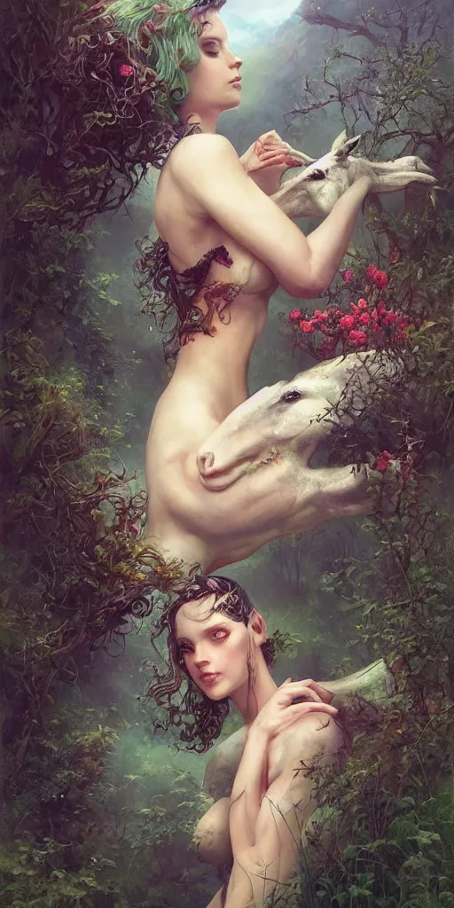 Image similar to a beautiful lush landscape of a the most beautiful woman and her draughthorse, hyperrealistic, award-winning, masterpiece, in the style of Tom Bagshaw, Cedric Peyravernay, Peter Mohrbacher