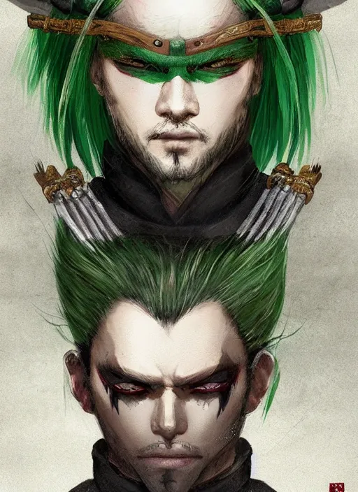 Image similar to a portrait of a japanese handsome man with green hair and a scar on his eye that uses 3 swords to battle, japanese demon aura behind him wearing a traditional samurai dress, intricate, highly detailed, digital painting, artstation, concept art, smooth, sharp focus, illustration, art by Charlie Bowater and Gustave Baumann, matte painting