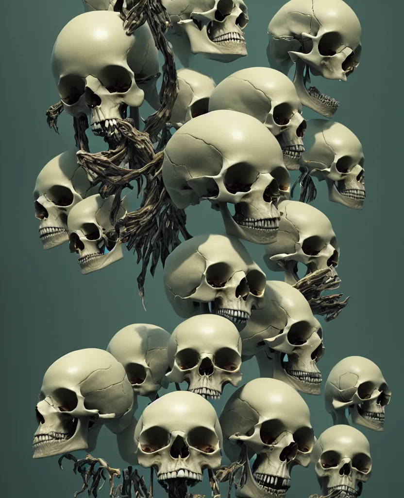 Image similar to composition of human skulls, animals skulls, bones, rib-cage and orchids, bioluminiscent, by Tooth Wu and wlop and beeple. octane render, trending on artstation, greg rutkowski very coherent symmetrical artwork. cinematic, hyper realism, high detail, octane render, 8k