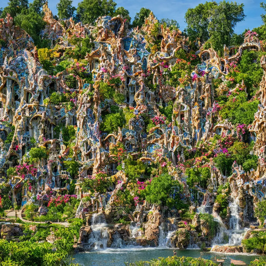 Image similar to valley village on the lake, waterfalls, flowers and intricate detailed visionary architecture and gardens by antoni gaudi, john stephens, alex gray