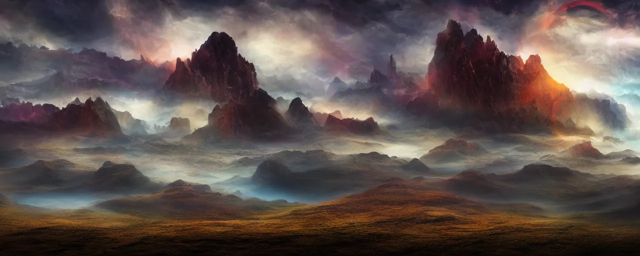 Prompt: otherworldly surreal landscape by wayne barlow, [ cinematic, colorful, epic, whimsical, fantasy, opening shot, establishing, mattepainting, 4 k ]