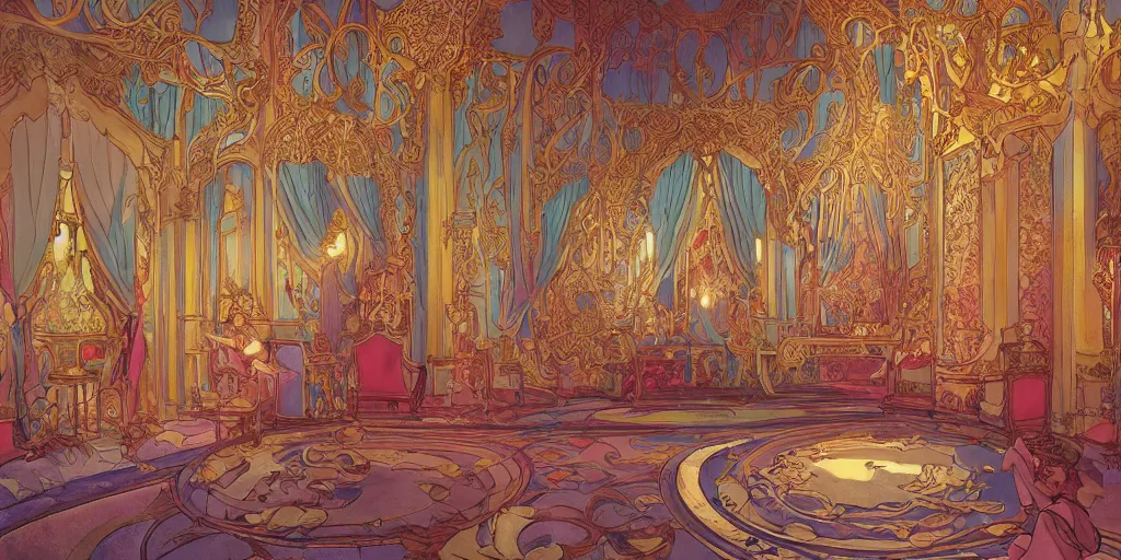 Image similar to an art nouveau decorated throne room in a palace, magical, bright, colorful, fantastic lighting, amazing details, 4 k uhd, illustration by hayao miyazaki and makoto shinkai and ilya kuvshinov, artstation, pixiv,