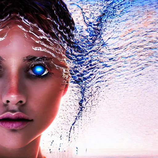 Image similar to water artwork manipulation in the shape of a beautiful female head, on the ocean water, ray tracing, realistic water sharp focus, long shot, 8 k resolution, cinematic, surreal water art