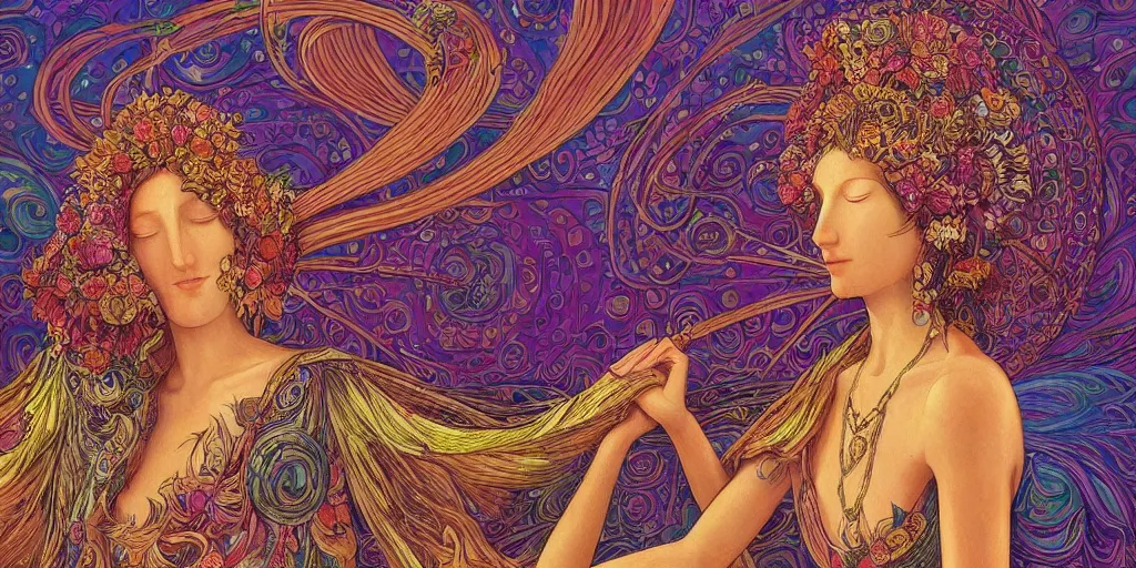 Prompt: meditating dmt goddess, psychedelic flower goddess in the style of classicism, museum quality painting, intricate, elegant, highly detailed, digital painting, sharp focus, by moebius