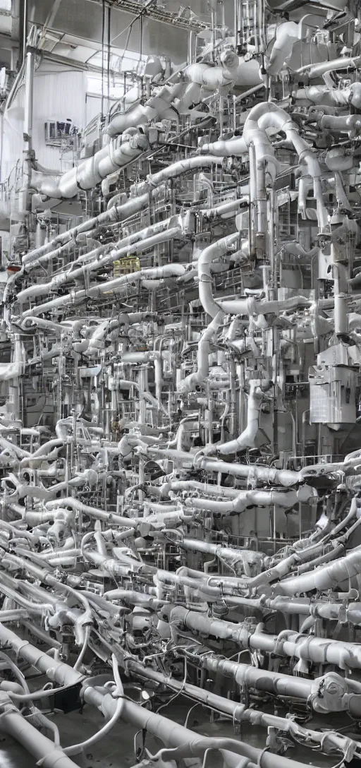 Prompt: an andless complex of white pipes and machinery