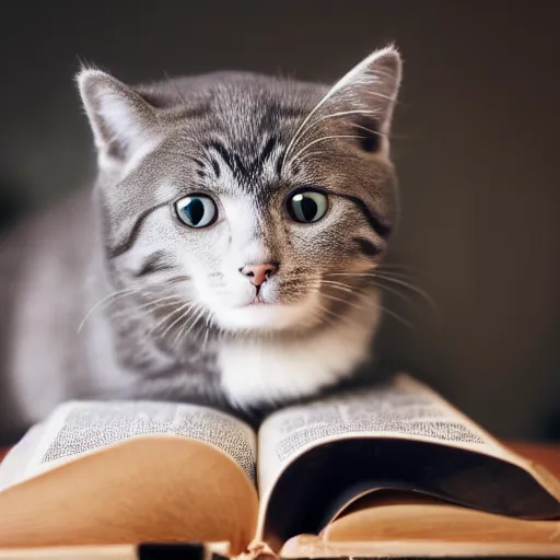 Image similar to adorable cat reading the bible, award winning dslr photography, studio lighting