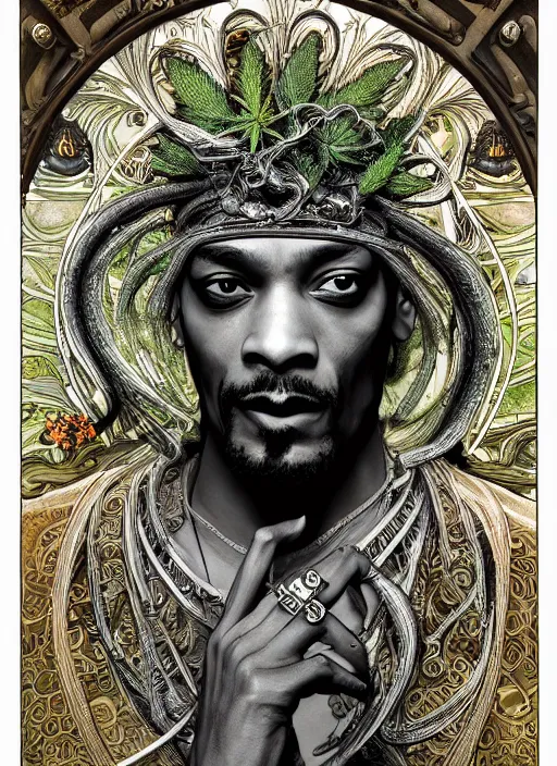 Prompt: Snoop Dog as God of Weed, brutal, epic, intricate, elegant, highly detailed, digital painting, 4k, HDR, concept art, smooth, sharp focus, illustration, art by alphonse mucha,artgerm, H R Giger