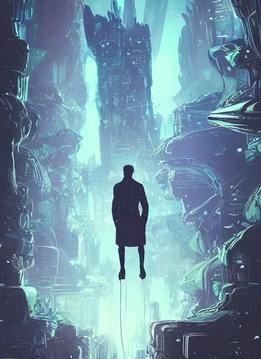 Image similar to comic book art of a [ man ] in trenchcoat with ( glowing ) [ gloves ] and [ boots ] in a [ jungle ] looking up at a [ tower ] extending into the sky made of crystalized glowing rock,, low angle, artstation illustration, elegant, cyberpunk, volumetric fog, arcane by tim doyle