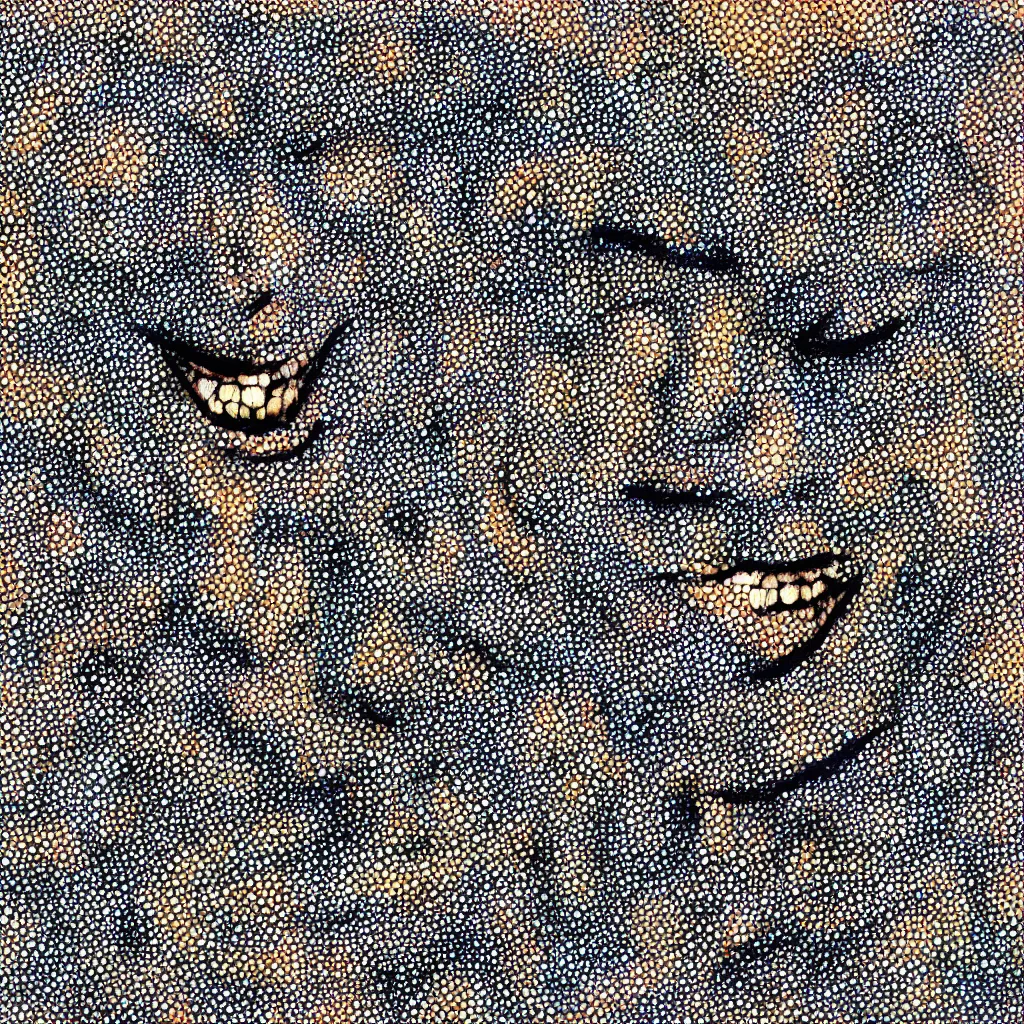 Image similar to camo made of out teeth, smiling, abstract, maya bloch artwork, do hoang tuong artwork, cryptic, dots, stipple, lines, splotch, concrete, color tearing, uranium, neon, pitch bending, faceless people, dark, ominous, eerie, minimal, points, technical, painting