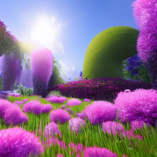 Prompt: perfume in a magical flower garden green grass and pink / purple flowers, highly detailed, realistic, up close shot, unreal engine, wonderland, f 2 0