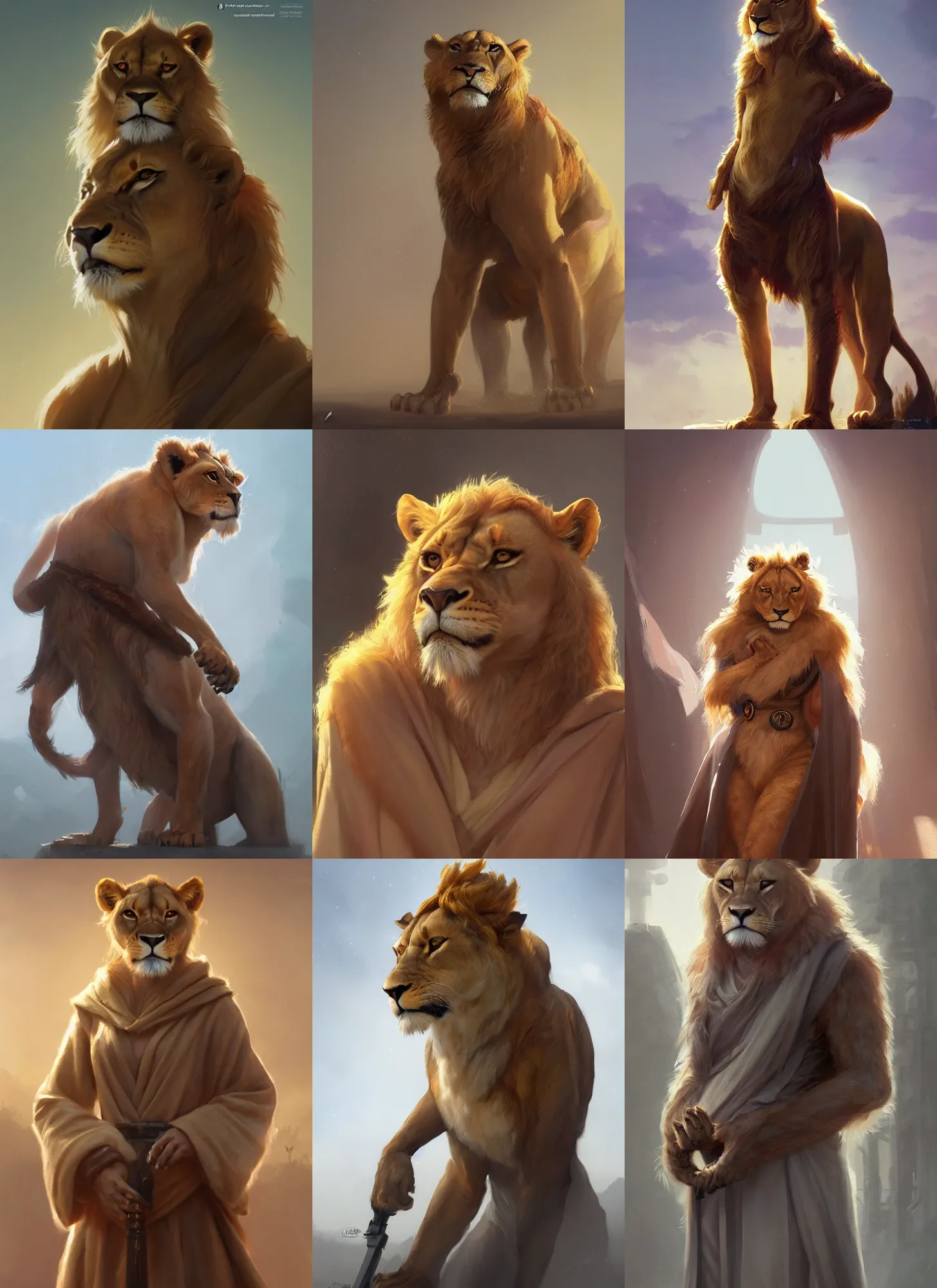 Prompt: a beautiful portrait of a female anthropomorphic lioness fursona wearing jedi robes, artstation, greg rutkowski, gregory manchess, greg hildebrandt, concept art, furaffinity, detailed, soft lighting, rendered in octane