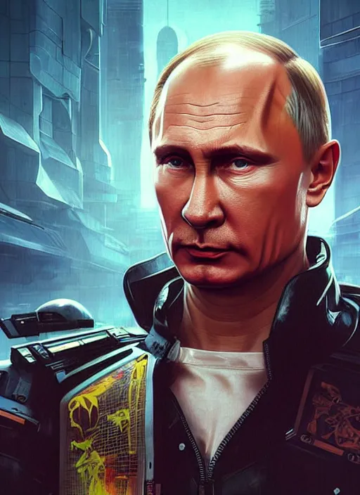 Prompt: portrait of Vladimir Putin as a character in arabian Cyberpunk 2077, looking at camera, intricate, dystopian, sci-fi, extremely detailed, digital painting, artstation, concept art, smooth, sharp focus, illustration, intimidating lighting, incredible art by artgerm and greg rutkowski and alphonse mucha and simon stalenhag