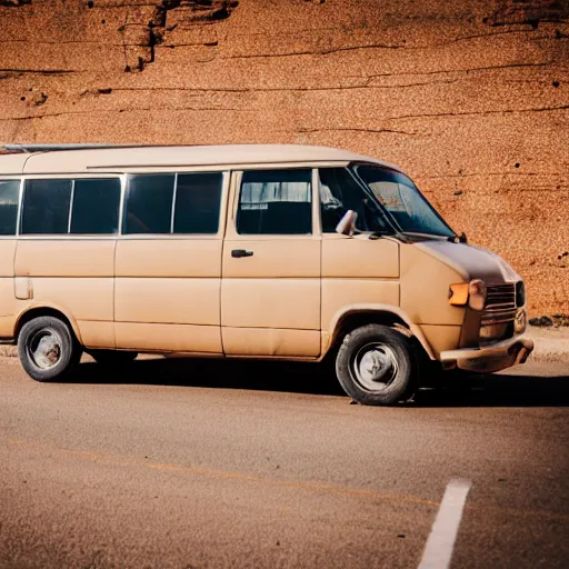 Prompt: a beige old van on a road trip on an american highway with dry dessert land background, high detail photography 2 5 mm nikon