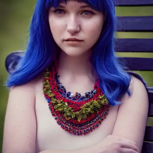 Image similar to dslr photo of a pretty young woman, full bodied portrait, with blue hair, sitting on a bench wearing a flower skirt, and body and wearing hemp sandals and a very detailed ruby necklace around neck, artgerm, artstation, very high quality face, intricate details, extremely high quality, moody lighting, real camera, real photo, 8 k, full subject in shot