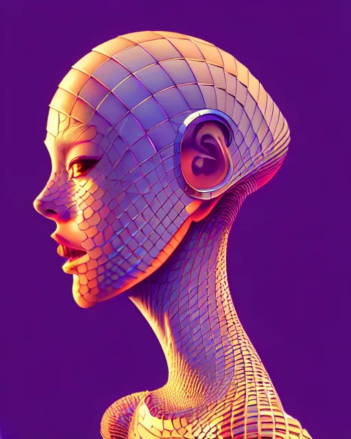 Prompt: ultra detailed, beautiful female android with human hair, side portrait, sharp focus, highly detailed vfx portrait, geometric shapes, global illumination, by moebius!! and james jean and victo ngai and tristan eaton. detailed, vector art, digital illustration, concept art. 8 k, hdr, fractal