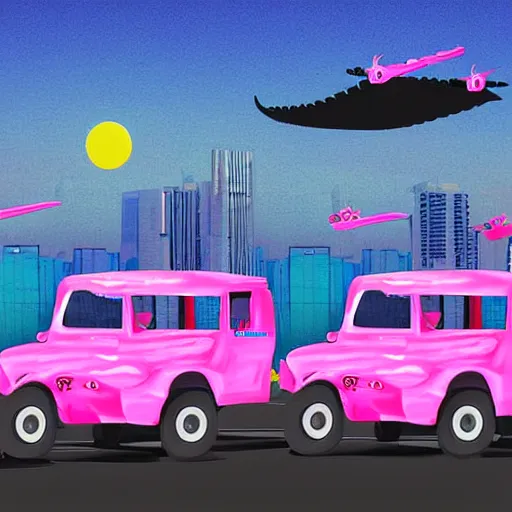 Image similar to a fleet of flying pink philippine jeepney above the skyline, digital art