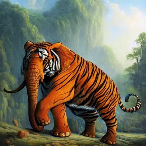 Image similar to tiger - elephant creature, oil painting by justin gerard