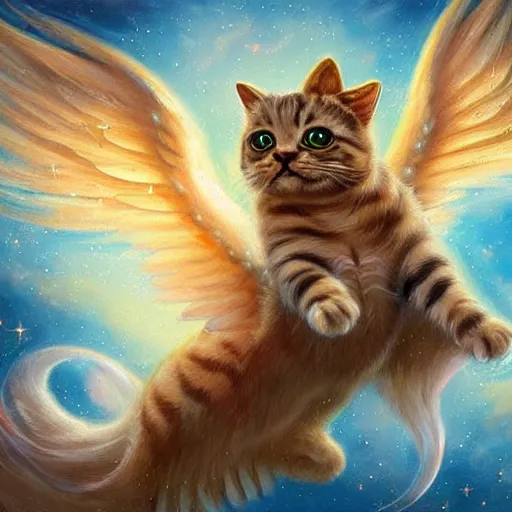 Prompt: cute cat flying with angel wings, fantasy, cosmos, tony sart