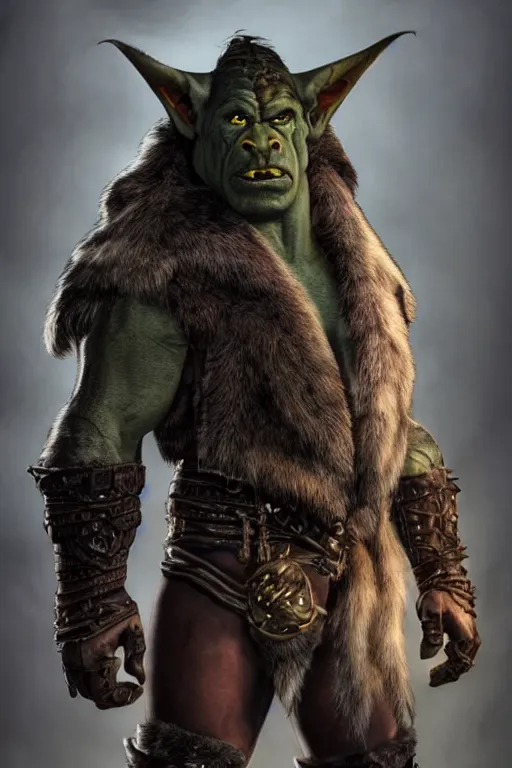 Image similar to A full body shot of a handsome orc looking into the camera wearing a leather fur jacket and boots, full body shot, detailed face, orc, orcish, portrait, artstation, realistic, highly detailed, symmetrical, D&D, Dungeons & Dragons, hyper realistic, dynamic pose, high detail, octane render, unreal engine, 8k, fantasy art, highly detailed, dramatic lighting, concept art