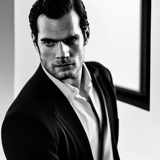 Prompt: a studio portrait of henry cavill as the next james bond, black and white, 5 0 mm 1. 2 lens, low key lighting