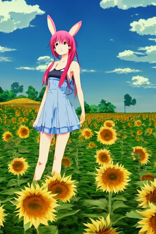 Prompt: Tonemapped Cheerful anime girl with bunny hat in the style of Makoto Shinkai and Yun Koga with a field of sunflowers in background