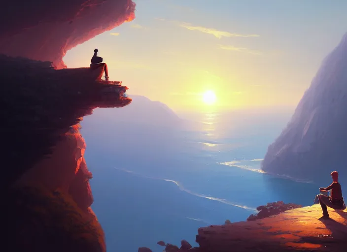 Image similar to a man sitting on a cliff watching the sun explode, painting, digital art, harsh lighting, 4 k hd wallpaper, trending on art station, art by greg rutkowski and andreas rocha 4 k