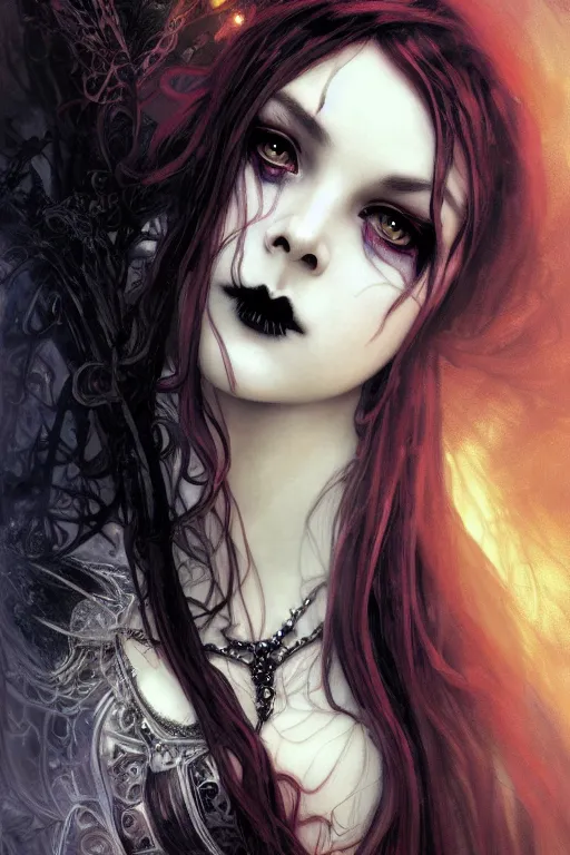 Prompt: beautiful and gothic and victorian and luxury and demonic young medieval dark princess portrait like blackpink lisa+smoky eyes+front face with light flowing hair, ultradetail face, art and illustration by tian zi and craig mullins and WLOP and alphonse mucha, fantasy, intricate complexity, human structure, human anatomy, fantasy character concept, watermark, blurry, hyperrealism 8k