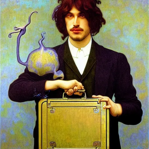 Image similar to realistic extremely detailed portrait painting of. an average. man with his. briefcase .in his. left hand . by Jean Delville, Amano, Yves Tanguy, Alphonse Mucha, Ernst Haeckel, Edward Robert Hughes, Roger Dean, pale muted pastel moody colors, gold eyes