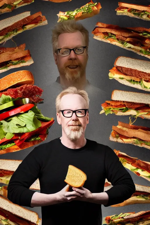 Image similar to 📷 portrait of adam savage the sandwich, made of food, still image, dynamic lighting, 4 k