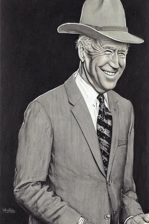 Prompt: “portrait of Joe Biden, impeccably dressed, wearing trilby hat, by norman Rockwell”