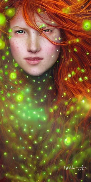 Image similar to infp young woman, smiling amazed, golden fireflies lights, sitting in the midst of nature fully covered, long loose red hair, intricate linework, bright accurate green eyes, small nose with freckles, oval shape face, realistic, expressive emotions, dramatic lights magical scene, hyper realistic ultrafine art by michael cheval, jessica rossier, boris vallejo