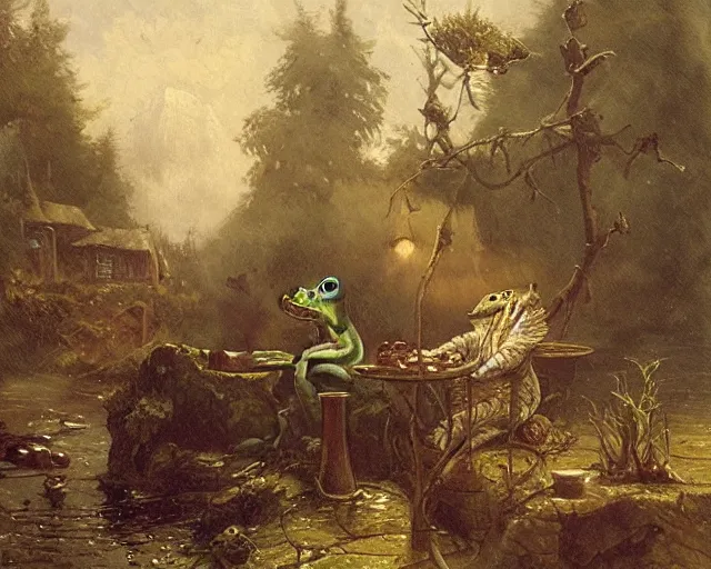 Image similar to frog wizard selling magical wares on a stand next to a pond by achenbach, andreas