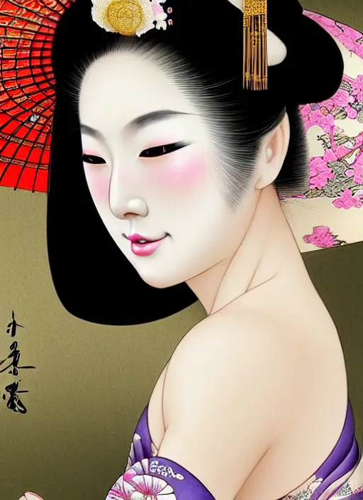 Prompt: glamorous and sexy smiling Geisha portrait in an ancient japanese temple, beautiful pale makeup, pearlescent skin, seductive face, lacivious elegant pose, very detailed face, highly detailed kimono, photorealism, portrait by Magali Villeneuve and Steve Argyle,Livia Prima,Mucha,dress,fantasy art,beautiful,artstation,trending on artstation,intricate details,alluring,masterpiece