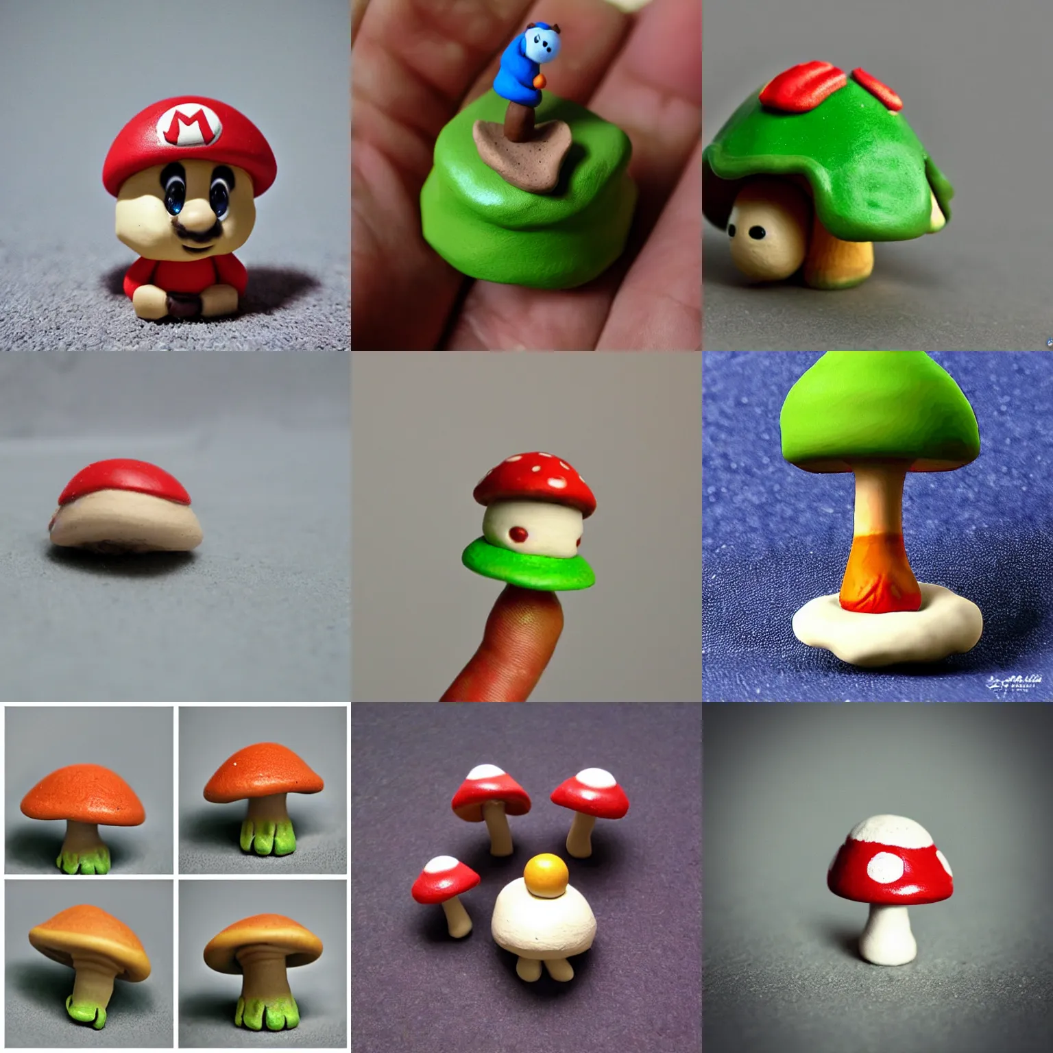 Prompt: a small clay toy of mushroom from mario, miniature, realistic, clay art. artstation