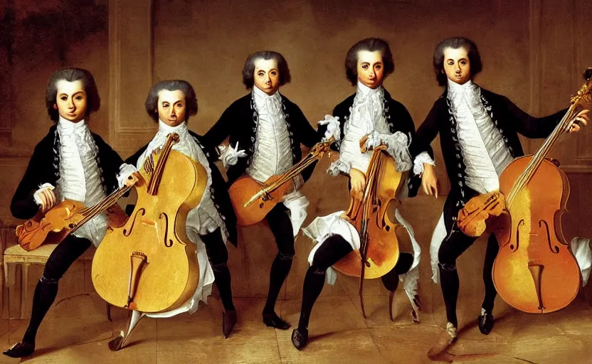 Prompt: ''Mozart, Bethoven, Bach and Vivaldi as members of a rock band, concert, realistic, HD, high quality''